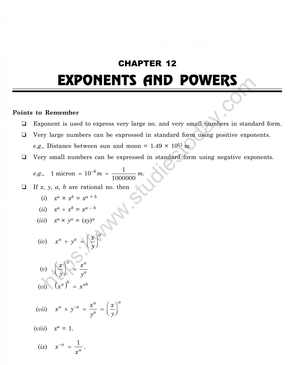 CBSE Class 8 Mental Maths Exponents And Powers Worksheet