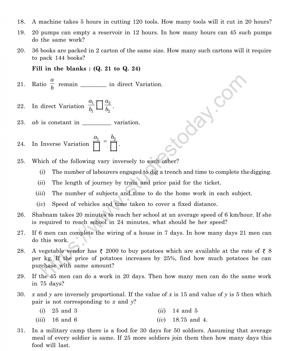 CBSE Class 8 Mental Maths Direct And Inverse Proportion Worksheet