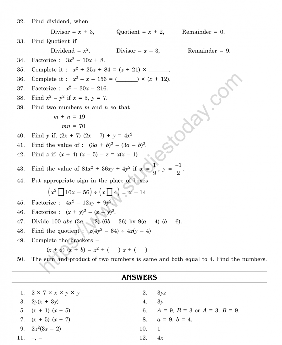 cbse class 8 mental maths factorisation worksheet