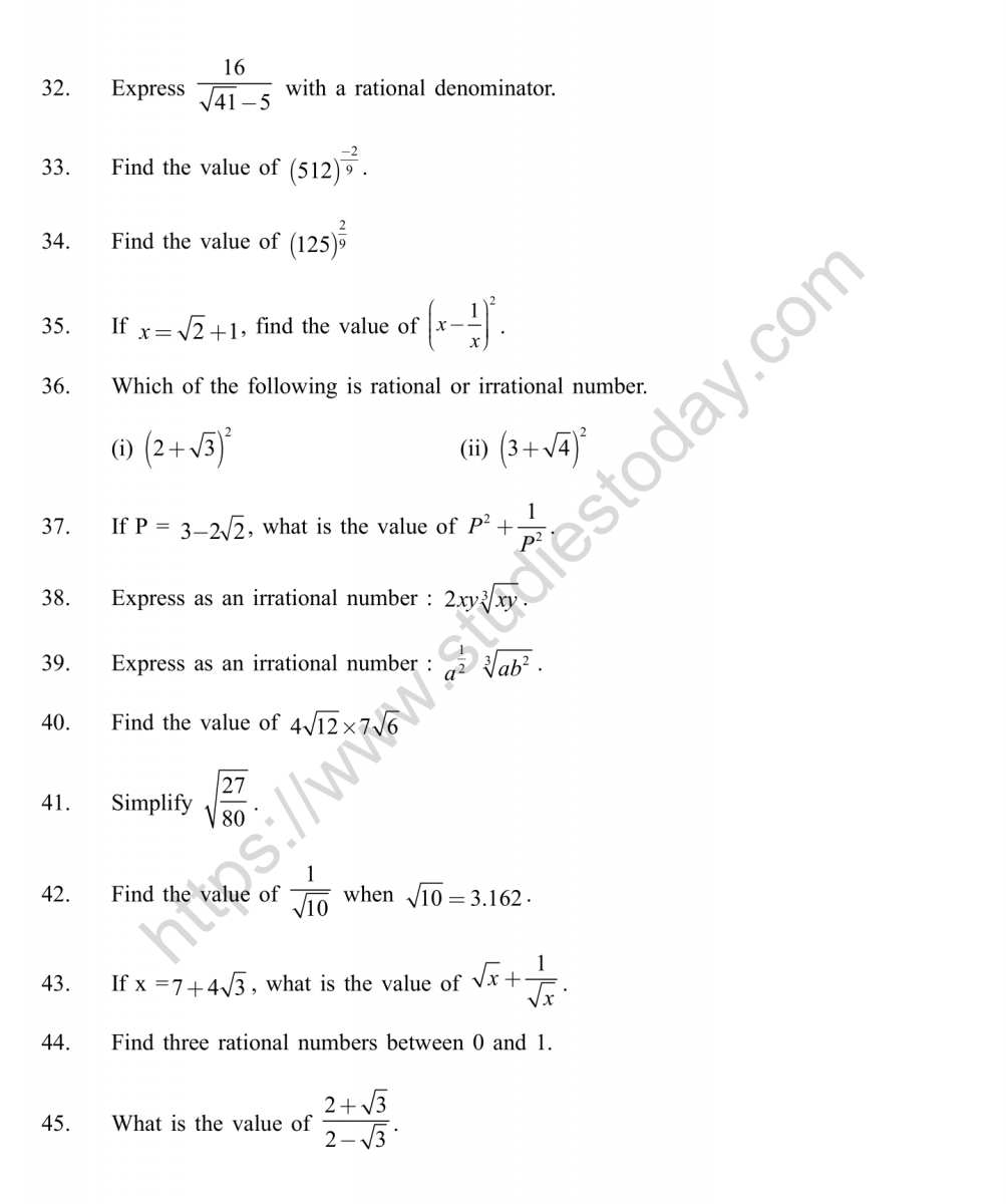 CBSE Class 9 Mental Maths Number System Worksheet