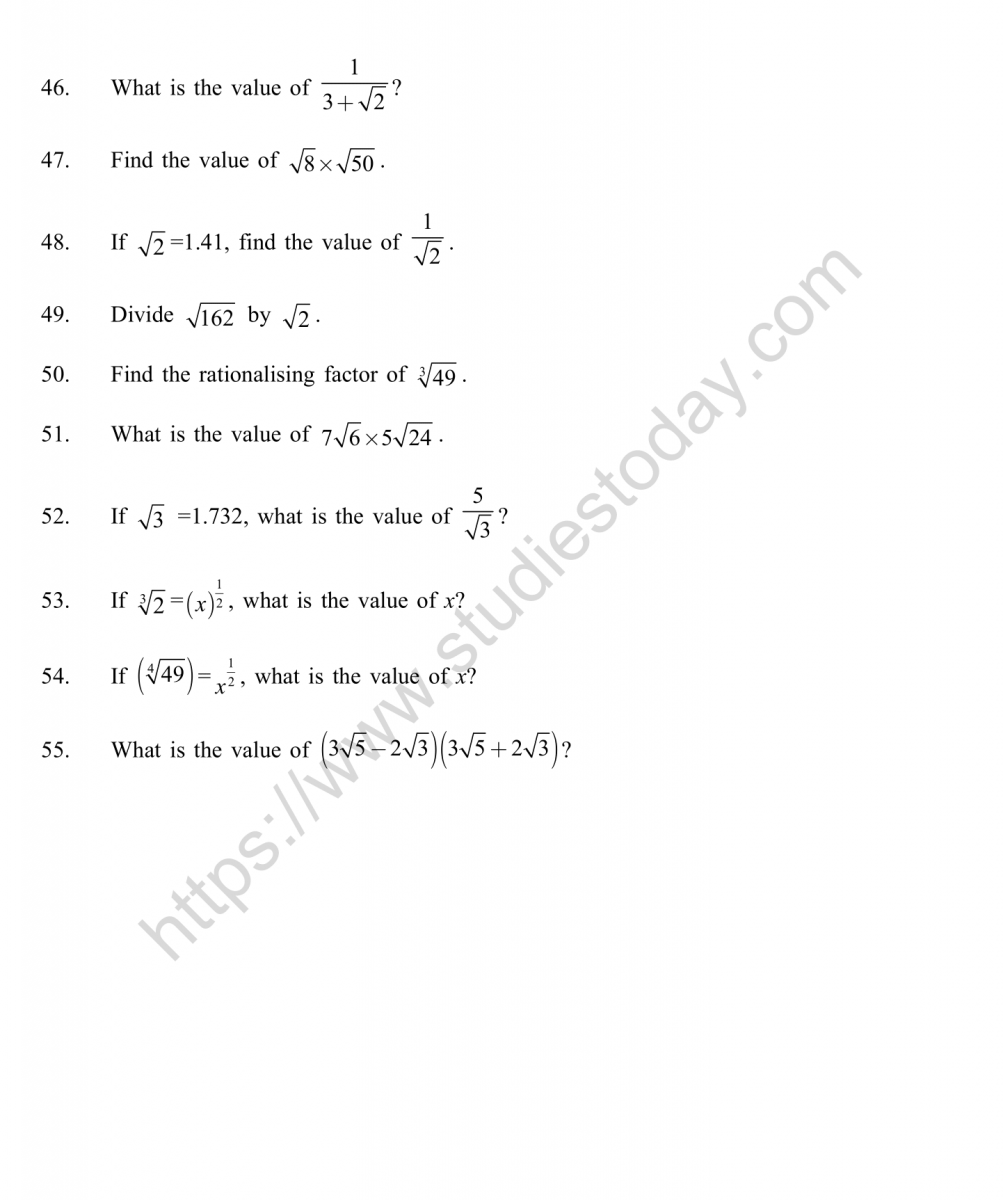 CBSE Class 9 Mental Maths Number System Worksheet