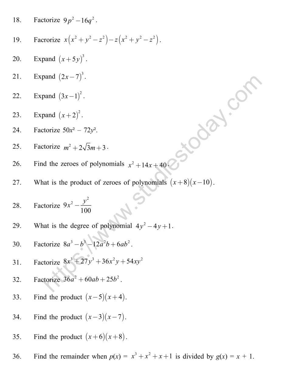 CBSE Class 9 Mental Maths Polynomials Worksheet
