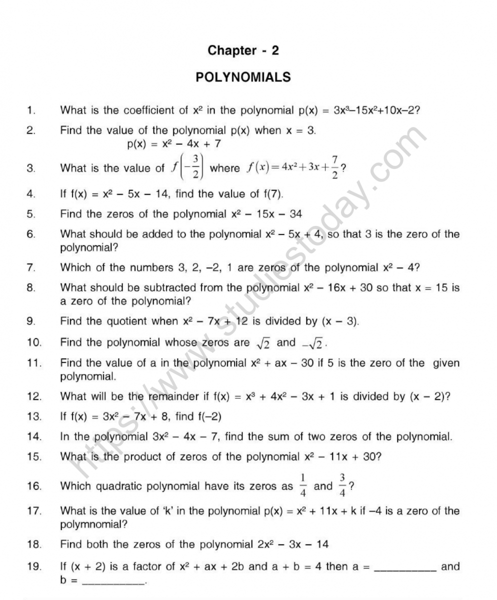 CBSE Class 10 Mental Maths Polynomials Worksheet