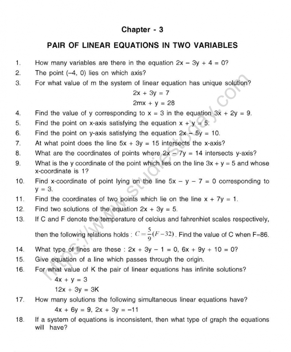 Cbse Class 10 Mental Maths Pair Of Linear Equations In Two Variables Worksheet 1262
