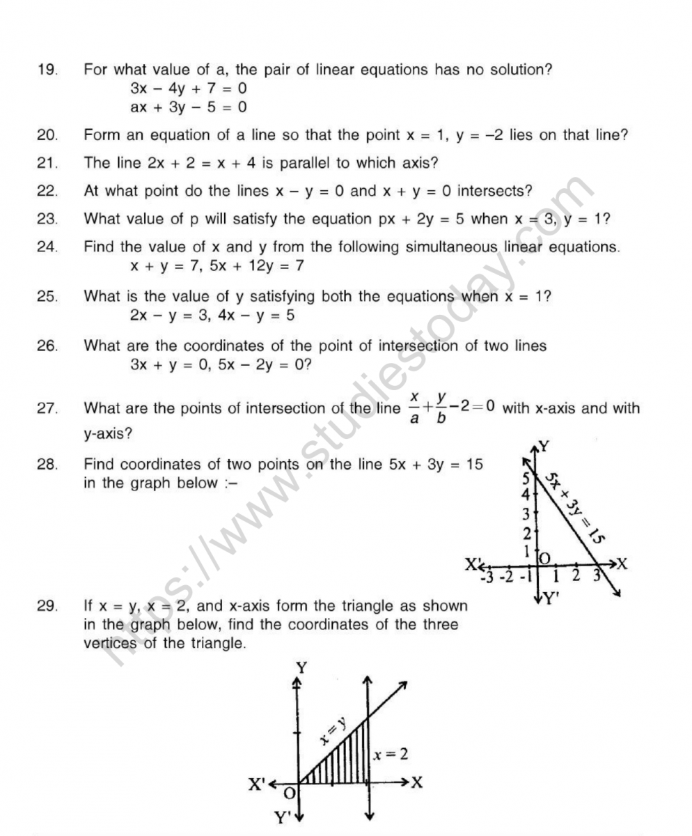 Cbse Class 10 Mental Maths Pair Of Linear Equations In Two Variables Worksheet 7590