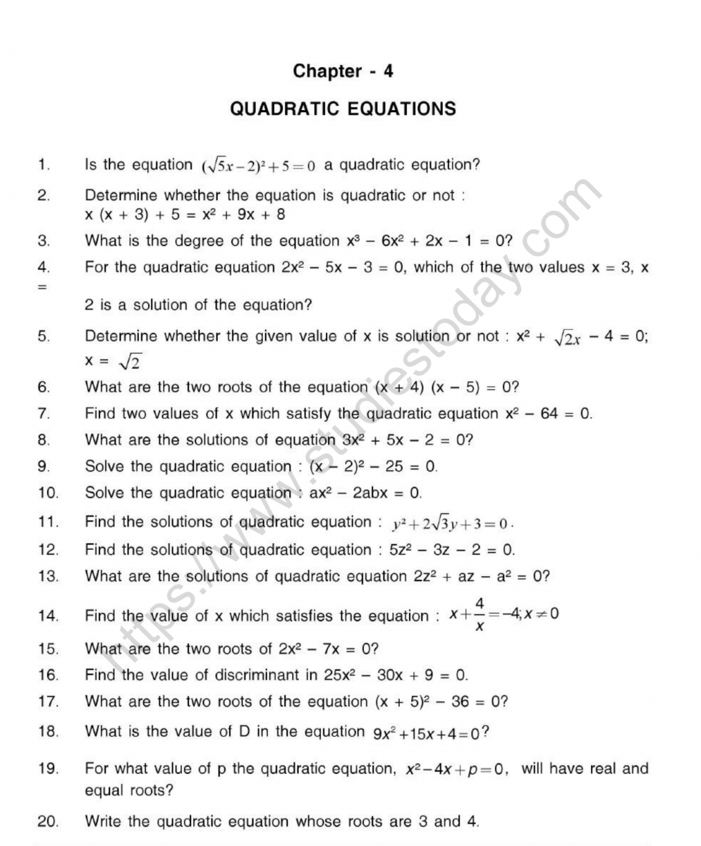 Cbse Class 10 Maths Quadratic Equations Worksheet