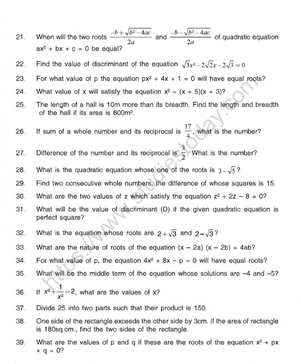 cbse-class-10-mental-maths-quadratic-equations-worksheet