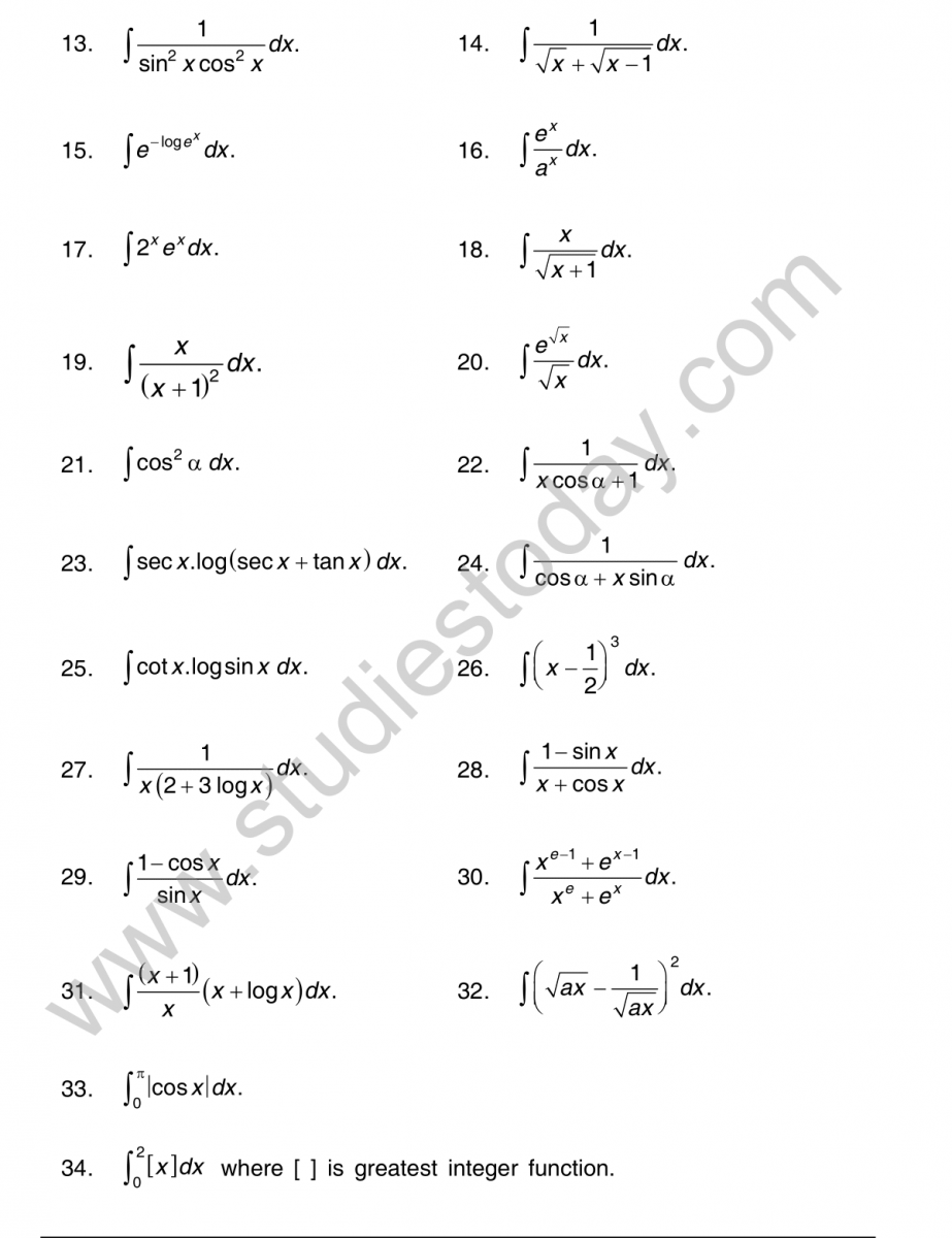 CBSE Class 12 Mathematics Integrals Worksheet Set A