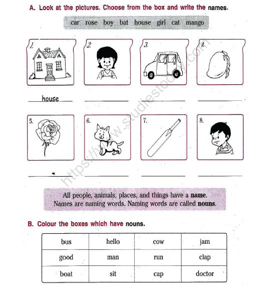cbse class 1 english nouns worksheet set b practice worksheet for english