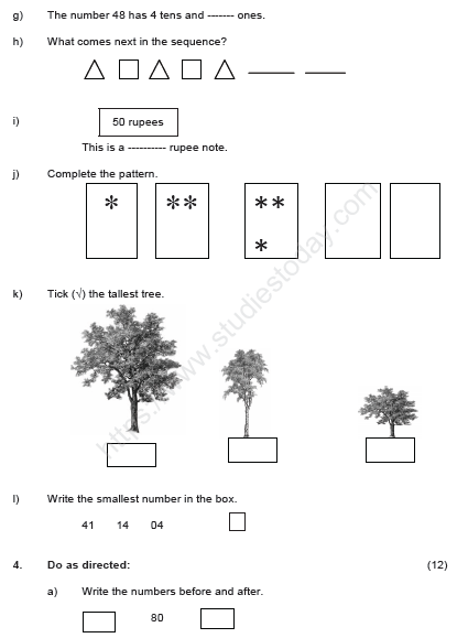 CBSE Class 1 Mathematics Sample Paper Set K