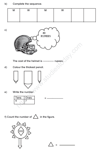 CBSE Class 1 Mathematics Sample Paper Set K