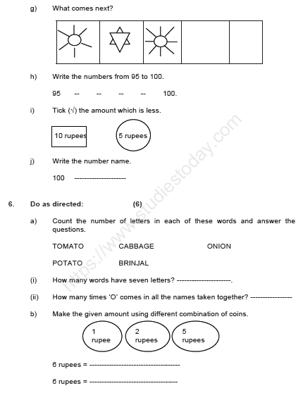 CBSE Class 1 Mathematics Sample Paper Set K