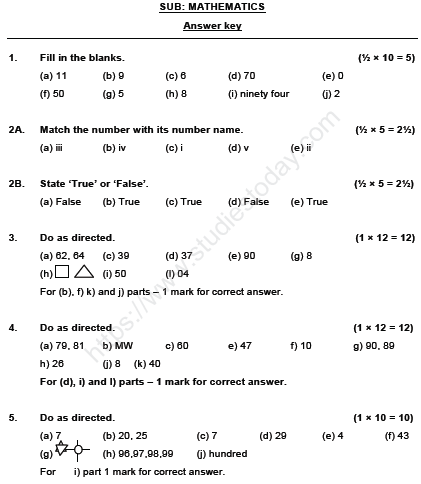 CBSE Class 1 Mathematics Sample Paper Set K