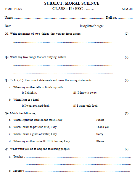cbse class 2 moral science sample paper set a