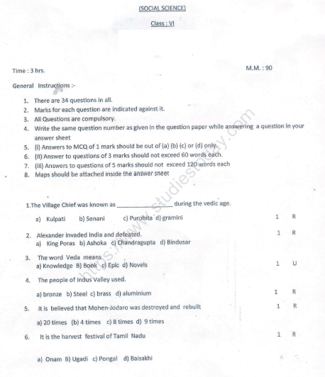 CBSE Class 6 Social Science Sample Paper Set R