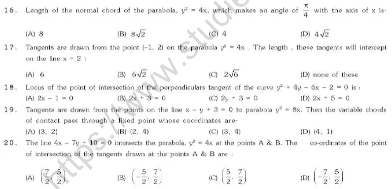 JEE Mathematics Parabola MCQs Set B-1