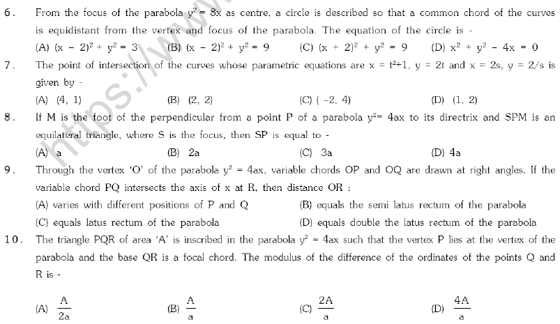 JEE Mathematics Parabola MCQs Set B
