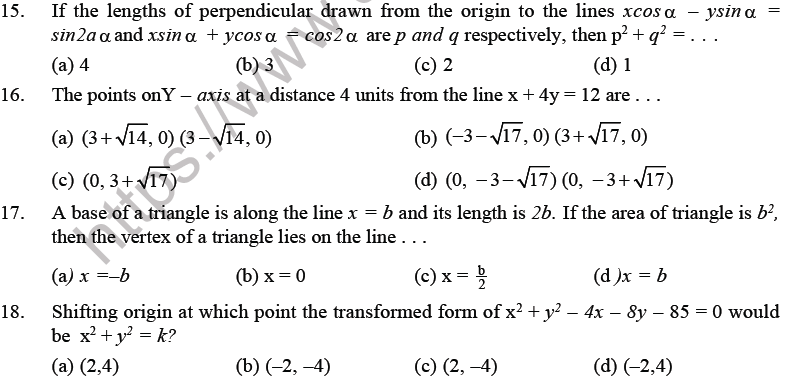 JEE Mathematics Straight Lines MCQs Set B-2