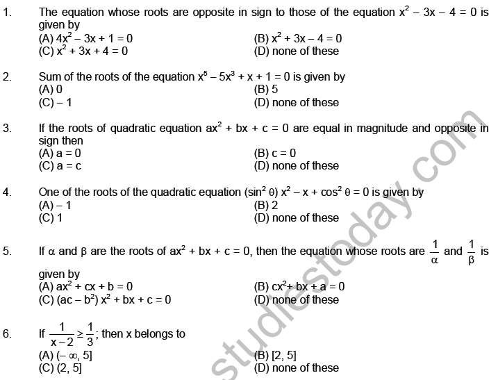 JEE Mathematics Theory of Equations MCQs Set A