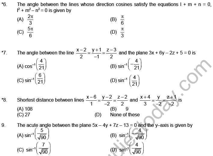 JEE Mathematics Three Dimensional Geometry MCQs Set A-Level2-