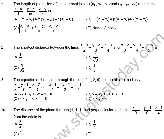 JEE Mathematics Three Dimensional Geometry MCQs Set A-Level3