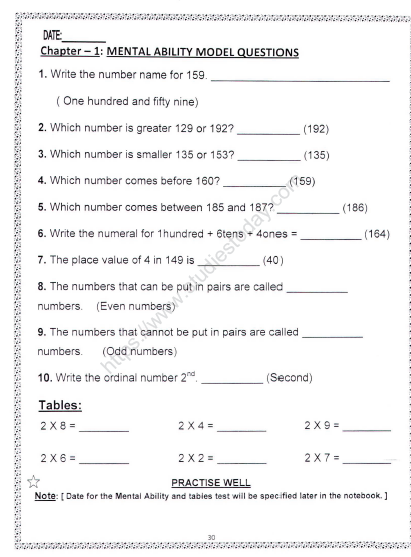 CBSE Class 2 Maths Practice Worksheets (147) - Mental Ability