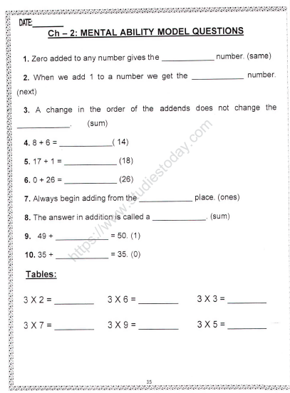 CBSE Class 2 Maths Practice Worksheets (150) - Mental Ability 1