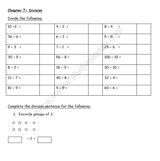 CBSE Class 2 Maths Practice Worksheets (81) - Division 1