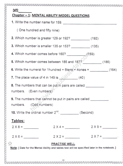 CBSE Class Mathematics Worksheet Mental Maths PDF Numbers , 53% OFF