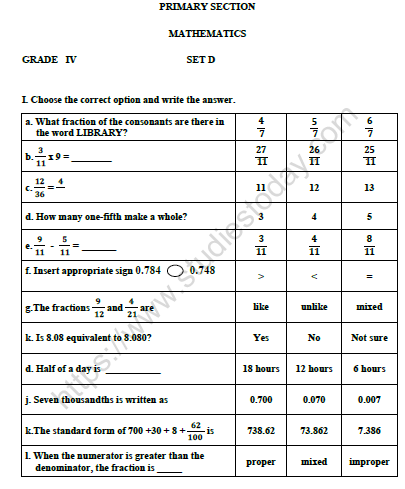 CBSE Class 4 Mathematics Worksheet Set T 1