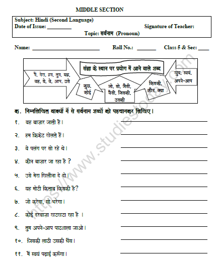 cbse class 5 hindi pronoun worksheet set b