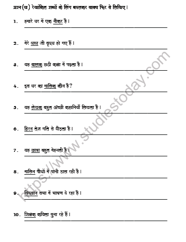 CBSE Class 6 Hindi Gender Worksheet Set A 2