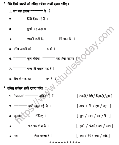 cbse class 6 hindi pronoun worksheet set c