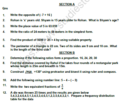 CBSE Class 6 Mathematics Question Paper Set 3 1