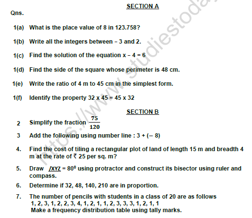 CBSE Class 6 Mathematics Question Paper Set 4 Solved 1