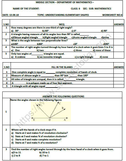 CBSE Class 6 Mathematics Understanding Elementary Shapes Worksheet 1