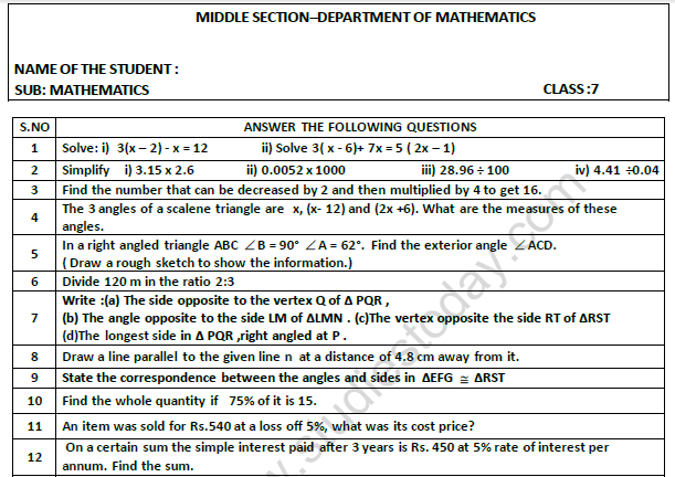 CBSE Class 7 Mathematics Worksheet Set 10 1
