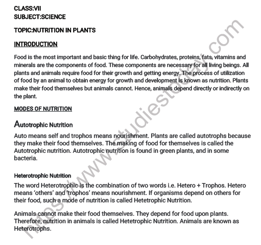 CBSE Class 7 Science Nutrition in Plants Worksheet Set A 1