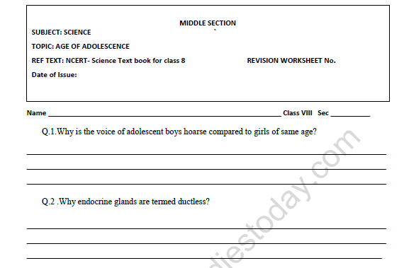 cbse class 8 science age of adolescence worksheet set a