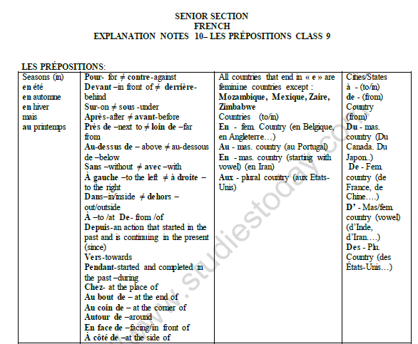 cbse class 9 french les prepositions notes worksheet