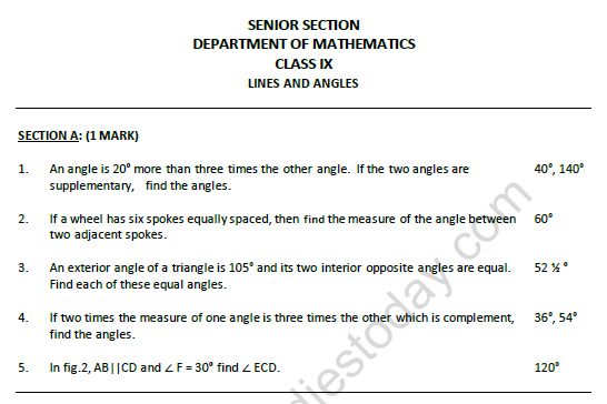 CBSE Class 9 Mathematics Lines and Angles Worksheet Set B 1