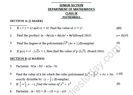 CBSE Class 9 Mathematics Polynomials Worksheet Set B 1