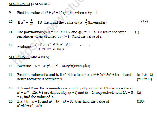 CBSE Class 9 Mathematics Polynomials Worksheet Set B 2