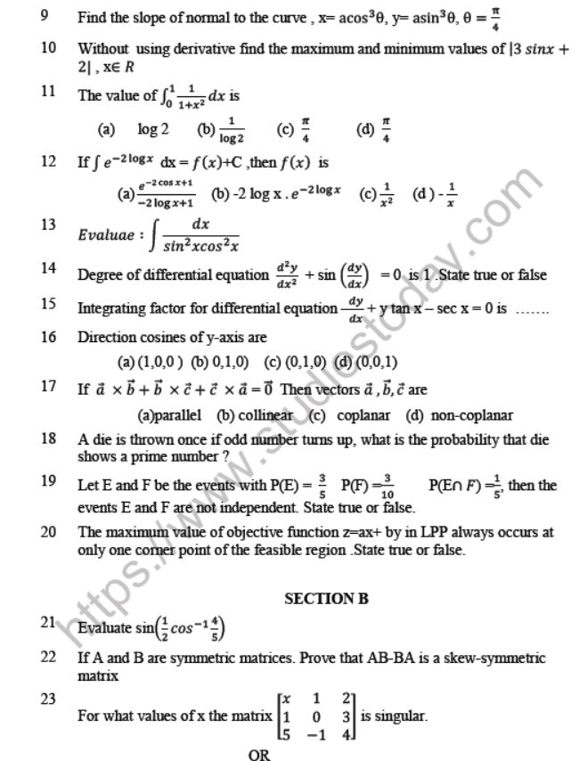 CBSE Class 12 Mathematics Question Paper 2021 Set B Solved