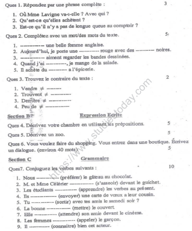 CBSE Class 8 French Sample Paper Set F