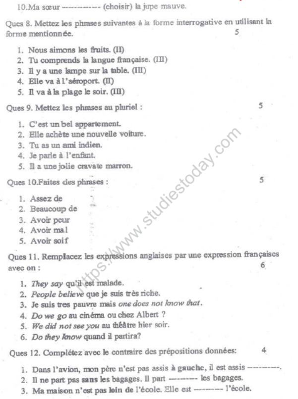 CBSE Class 8 French Sample Paper Set F