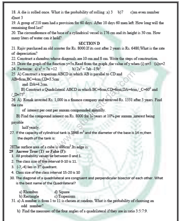 CBSE Class 8 Mathematics Sample Paper Set K