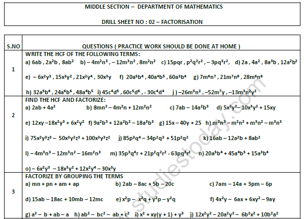 class 8 maths factorisation worksheet set a