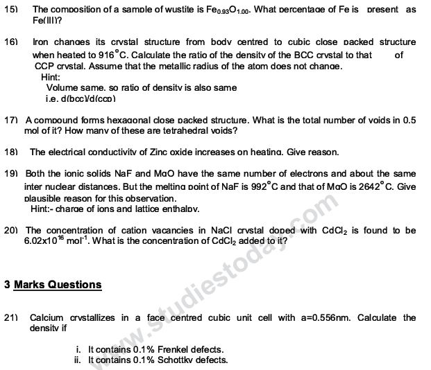 CBSE Class 12 Chemistry notes and questions for The Solid State Part A