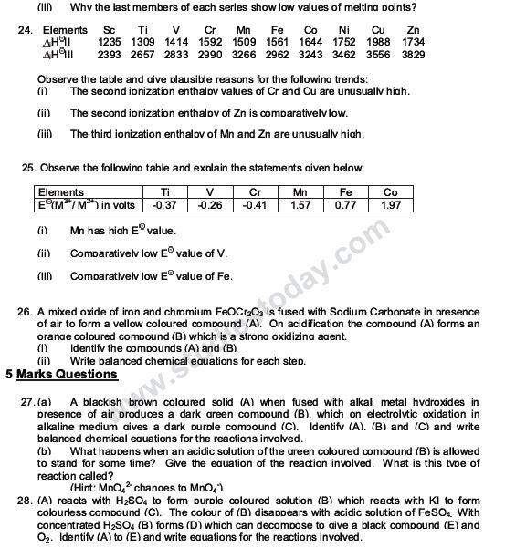 CBSE Class 12 Chemistry notes and questions for The d and f Block Elements Part A